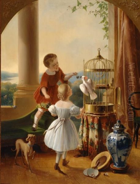 Playing Children With Bird Oil Painting by Pieter Gerardus Bernhard