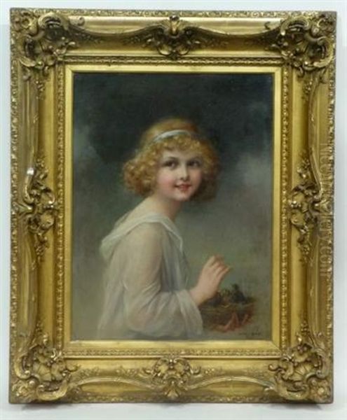 Portrait D'une Fillette Au Ruban Bleu Tenant Un Nid Oil Painting by Francois Martin-Kavel