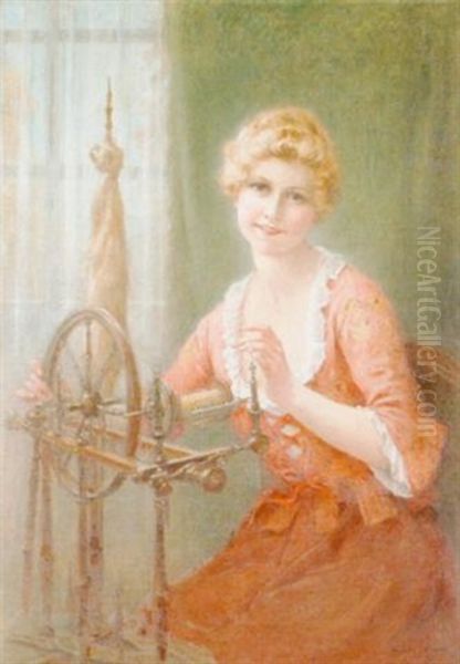 Junge Frau Am Spinnrad Oil Painting by Francois Martin-Kavel