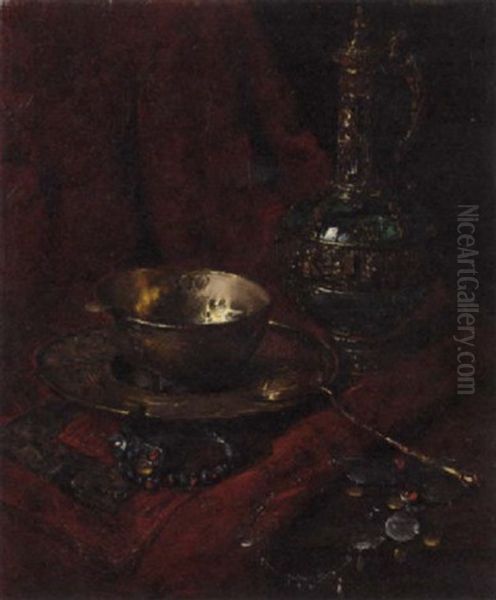 A Jewelled Ewer, Some Gold Plate, A Bracelet And A Necklace, On A Draped Ledge Oil Painting by Francois Martin-Kavel