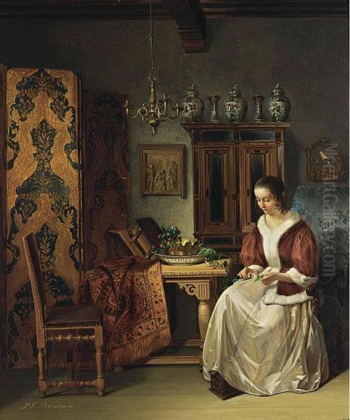 An Elegant Lady In An Interior Oil Painting by Pieter Gerardus Bernhard