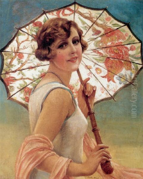 Ung Pige Med En Blomstret Parasol Oil Painting by Francois Martin-Kavel