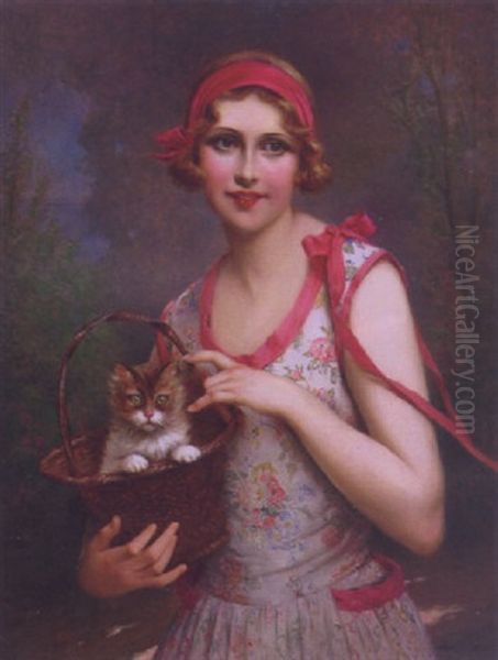 The Favorite Kitten Oil Painting by Francois Martin-Kavel