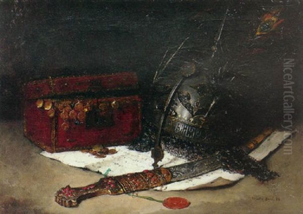 A Still Life With An Oriental Helmet, A Dagger And A Jewellery Box On A Document Oil Painting by Francois Martin-Kavel