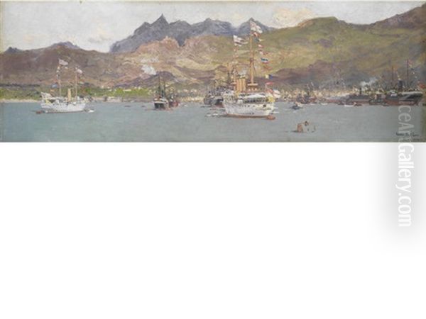 The Single-funnelled Torpedo Cruiser H.m.s. Cossack And The Three-funnelled Cruiser H.m.s. Highflyer Of The Royal Flotilla Lying In Port Louis, Mauritius Oil Painting by Edoardo de Martino