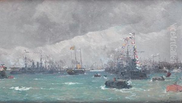 The Royal Yacht Victoria & Albert (iii), With King Edward Vii And Queen Alexandra Aboard, Arriving In The Kiel Roads For Their State Visit To Germany Oil Painting by Edoardo de Martino