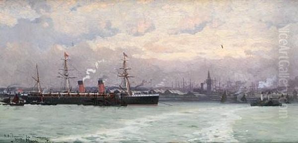 The Cunard Liner S.s. Servia In The Mersey Oil Painting by Edoardo de Martino