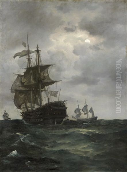 Vaisseaux Au Clair De Lune Oil Painting by Edoardo de Martino