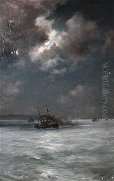 A Paddle Steamer On A Moonlit Sea Oil Painting by Edoardo de Martino