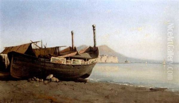 The Bay Of Naples With The Castel Dell'ovo Oil Painting by Edoardo de Martino