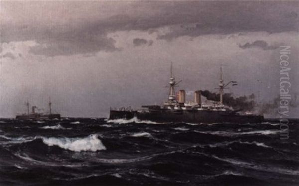 An Argentinian Cruiser With A Frigate In The Background Oil Painting by Edoardo de Martino