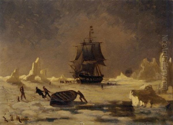 Whalers Breaking Through The Ice Oil Painting by Edoardo de Martino