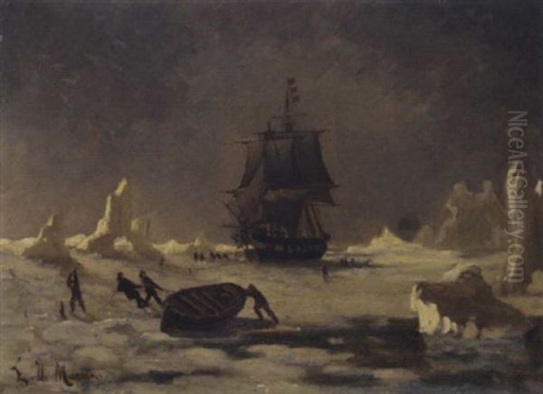 Whalers Breaking Through The Ice Oil Painting by Edoardo de Martino