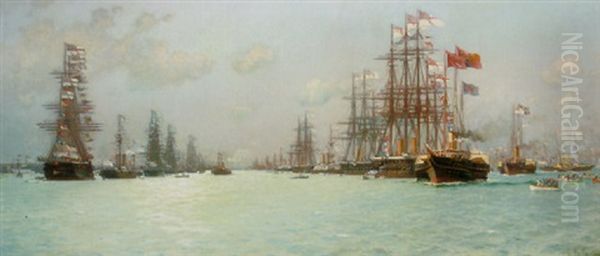 The Royal Review Of The Fleet Oil Painting by Edoardo de Martino