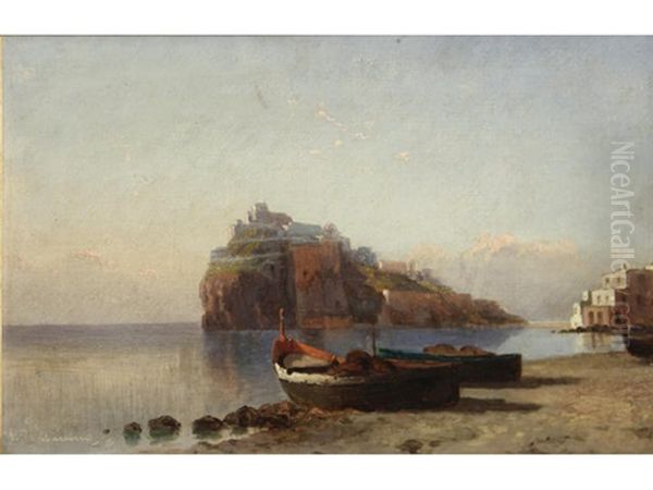 A View Of The Island Of Ischia With Beached Fishing Boats In The Foreground Oil Painting by Eduardo Federico de Martino