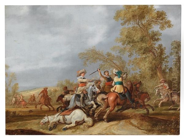 Mounted Battle Oil Painting by Jan de Martszen the Younger