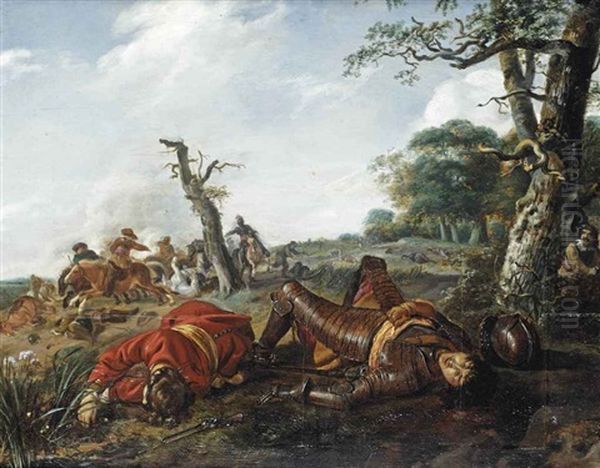 A Cavalry Skirmish With Two Fallen Soldiers Oil Painting by Jan de Martszen the Younger