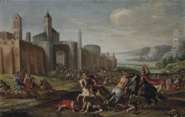 A Cavalry Skirmish, With A Castle Being Stormed Beyond Oil Painting by Jan de Martszen the Younger