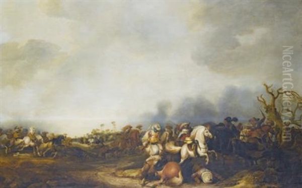 A Cavalry Battle Oil Painting by Jan de Martszen the Younger