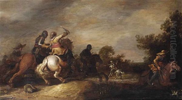 A Cavalry Skirmish Oil Painting by Jan de Martszen the Younger