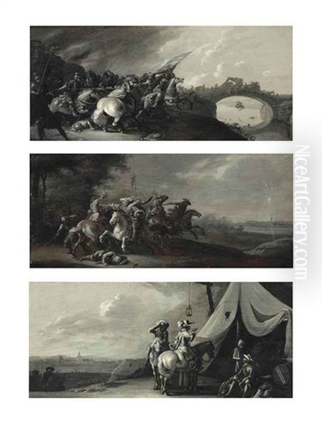 The Battle Of The Amazons; A Cavalry Skirmish; And A Cavalry Encampment By A Besieged Town; En Grisaille (3 Works) Oil Painting by Jan de Martszen the Younger