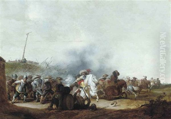 A Cavalry Skirmish Oil Painting by Jan de Martszen the Younger