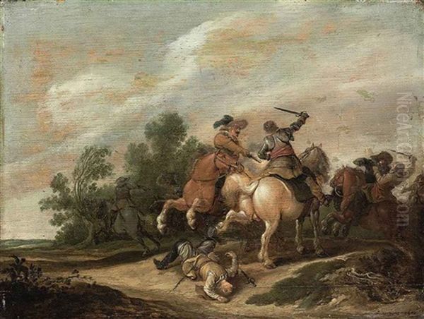 A Cavalry Skirmish Oil Painting by Jan de Martszen the Younger