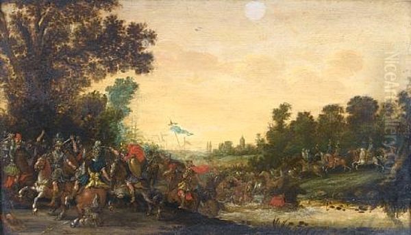 A Cavalry Skirmish At A River Crossing Oil Painting by Jan de Martszen the Younger