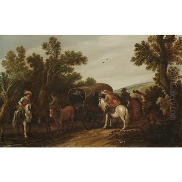 A Wooded Dune Landscape With Bandits Holding Up A Covered Wagon Oil Painting by Jan de Martszen the Younger