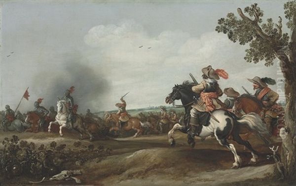 A Cavalry Skirmish Oil Painting by Jan de Martszen the Younger