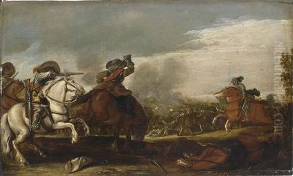 A Cavalry Battle Scene Oil Painting by Jan de Martszen the Younger