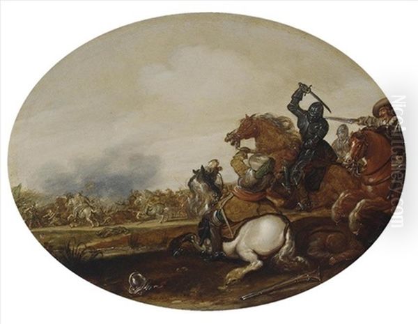 A Cavalry Battle Oil Painting by Jan de Martszen the Younger