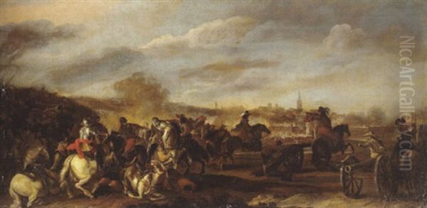 Reitergefecht Vor Einer Befestigten Stadt Oil Painting by Jan de Martszen the Younger