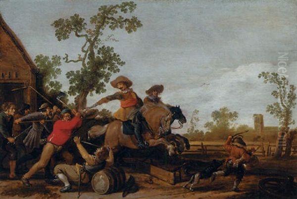 Villagers Attacking Cavalry Outside A Cottage Oil Painting by Jan de Martszen the Younger