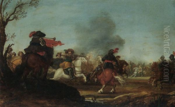 A Cavalry Engagement Oil Painting by Jan de Martszen the Younger