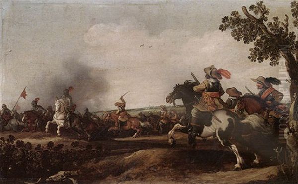 A Cavalry Skirmish Oil Painting by Jan de Martszen the Younger