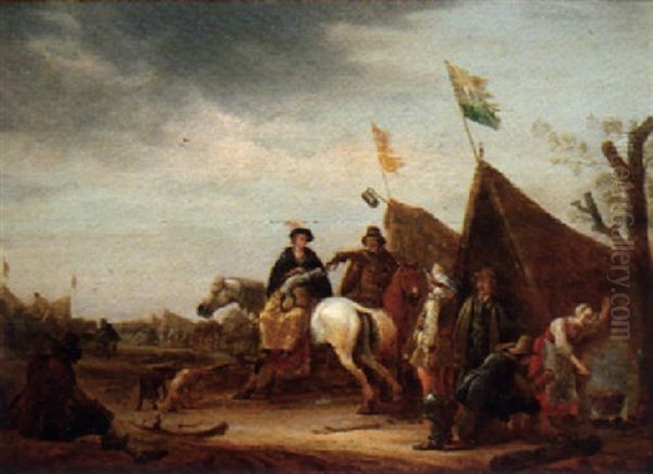 A Military Encampment With A Lady On A Horseback Before A Tent Oil Painting by Jan de Martszen the Younger