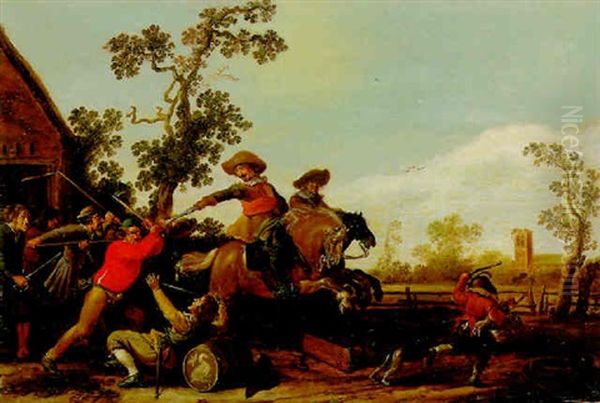 Cavalrymen Raiding The Swan Inn Oil Painting by Jan de Martszen the Younger