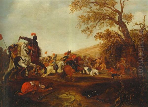 A Cavalry Battle By A Wood Oil Painting by Jan de Martszen the Younger