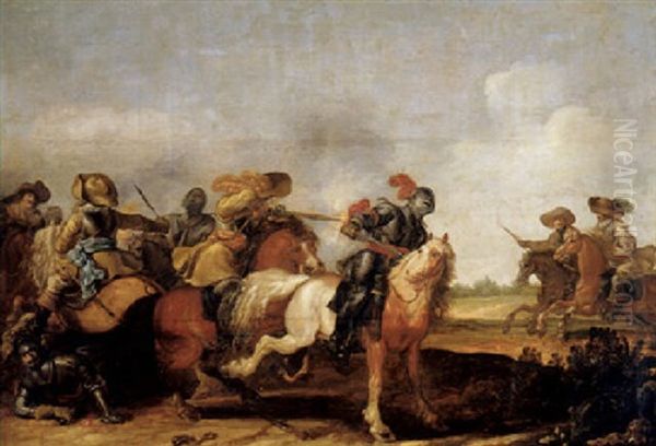 A Cavalry Skirmish Oil Painting by Jan de Martszen the Younger