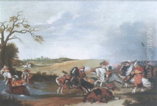 A Cavalry Engagement Oil Painting by Jan de Martszen the Younger