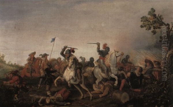 Cavalry Skirmish Oil Painting by Jan de Martszen the Younger