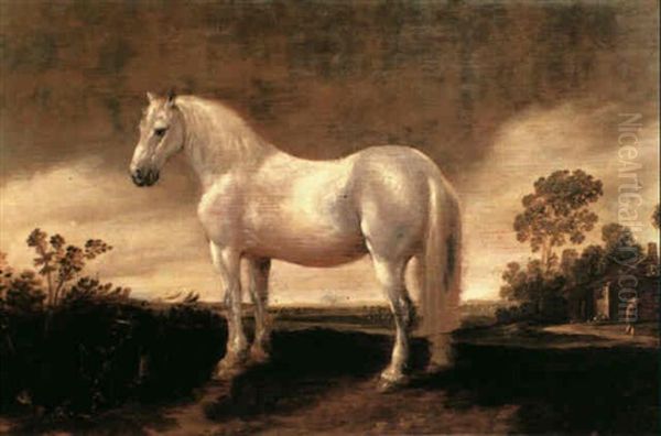 A Grey Horse Standing In A Meadow Before A Wayside House    With A Traveller Passing Oil Painting by Jan de Martszen the Younger