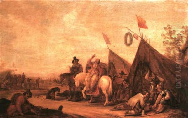 A Military Encampment With A Peasant Woman Upon A Grey      Horse Drinking A Toast Whilst Other Peasants Roll Dice Oil Painting by Jan de Martszen the Younger