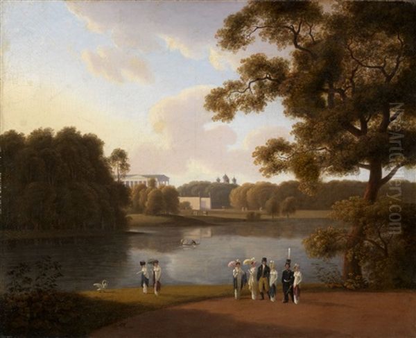 View Of The Great Lake And The Cameron Gallery At Tsarskoe Selo Oil Painting by Andrei Efimovich Martynov