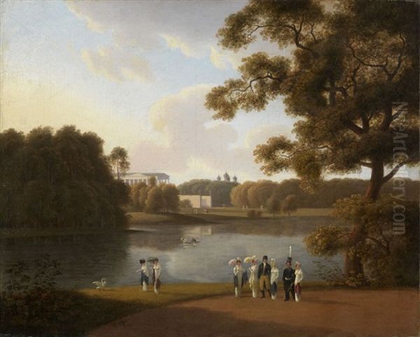 View On The Pond And The Cameron Gallery, Tsarskoe Selo Oil Painting by Andrei Efimovich Martynov