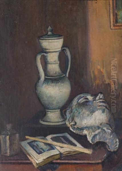 Platre, Pot Et Livre Ouvert Oil Painting by Piero Marussig