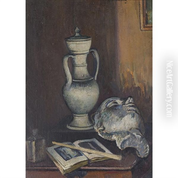 Platre, Pot Et Livre Ouvert Oil Painting by Piero Marussig