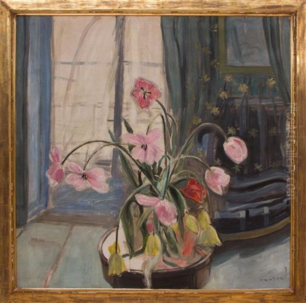 Bouquet De Tulips Devant La Fenetre Oil Painting by Jacqueline Marval