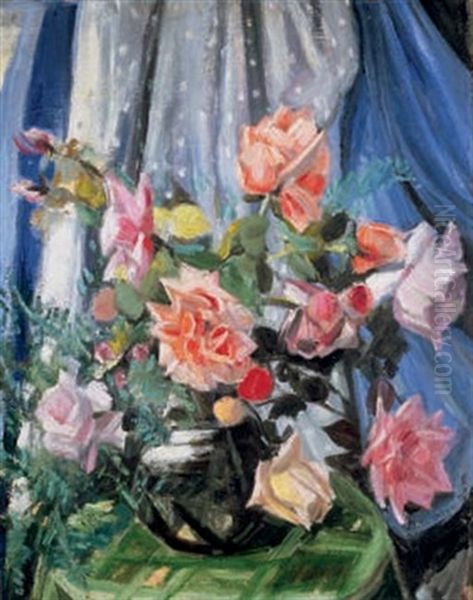 Bouquet De Roses Sur Gueridon Et Nappe Verte Oil Painting by Jacqueline Marval